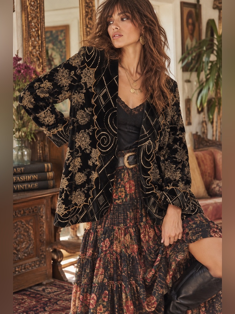 Vintage 80s Diane Freis M/L Black Gold Rayon Velvet Floral Art to Wear Jacket